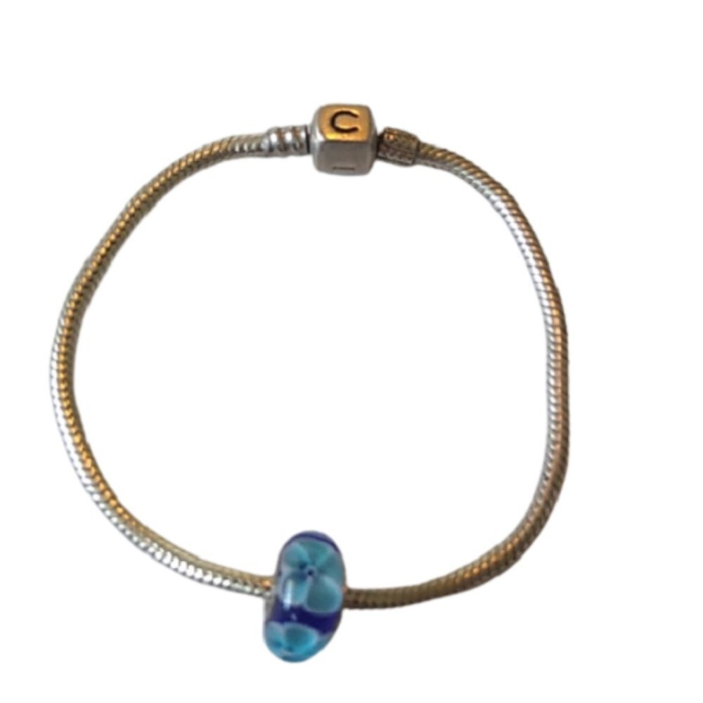 Chamilia Snake Chain Bracelet with Blue Flowers Murano Glass Bead, 7.5",…